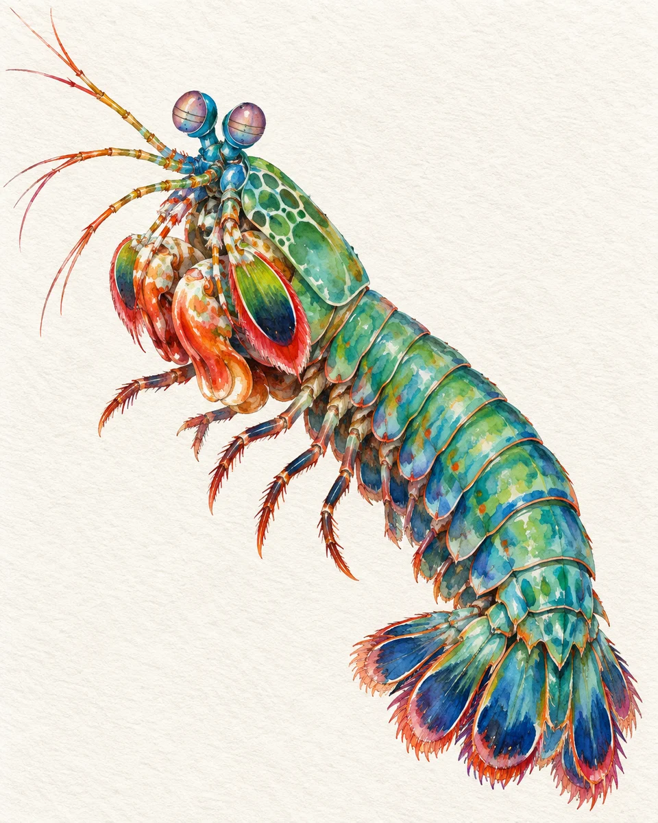 AI-generated turquoise and coral mantis shrimp in a watercolor style on ivory paper