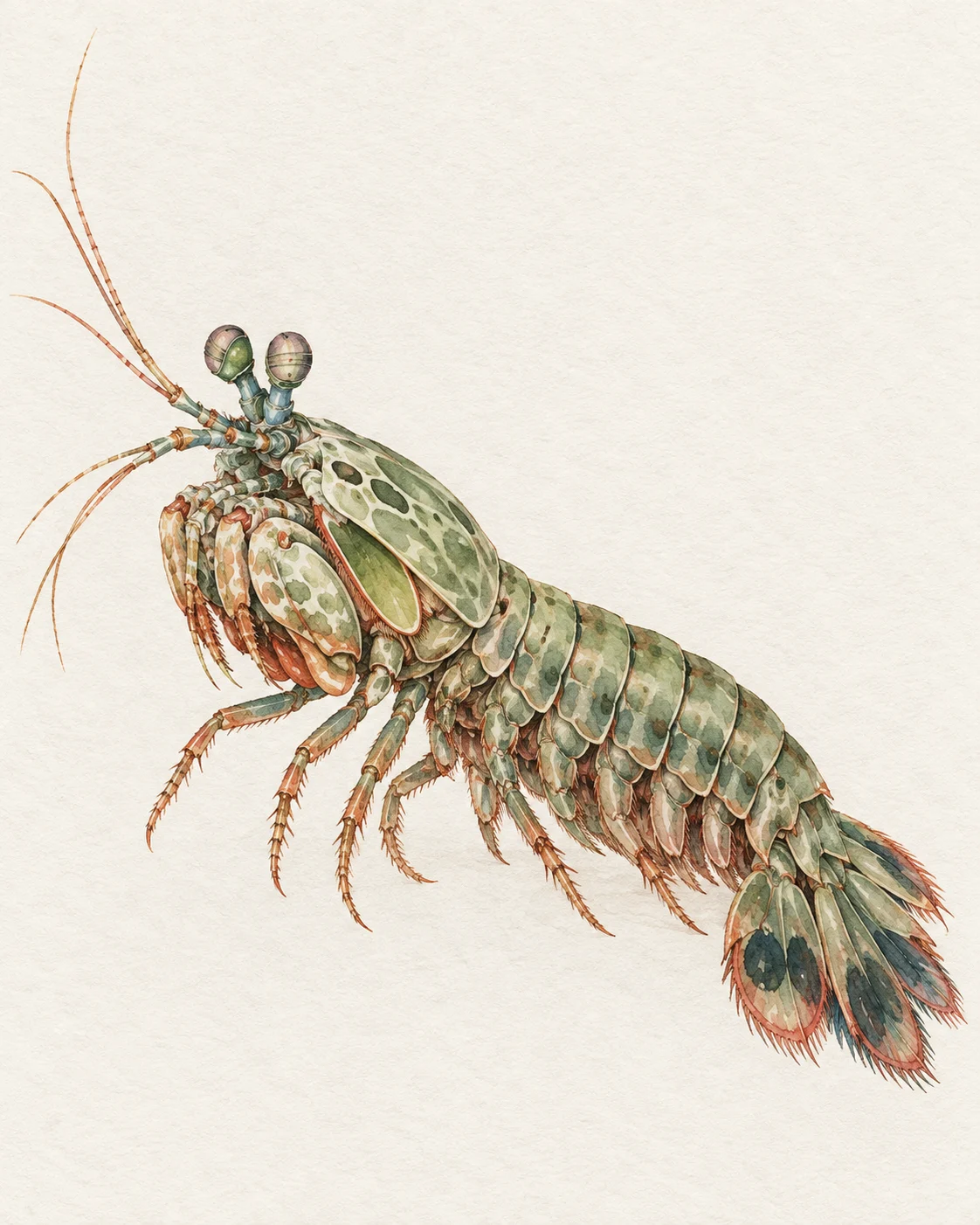 AI-generated mantis shrimp rendered with muted moss-green and sepia ink-like marks on cream paper